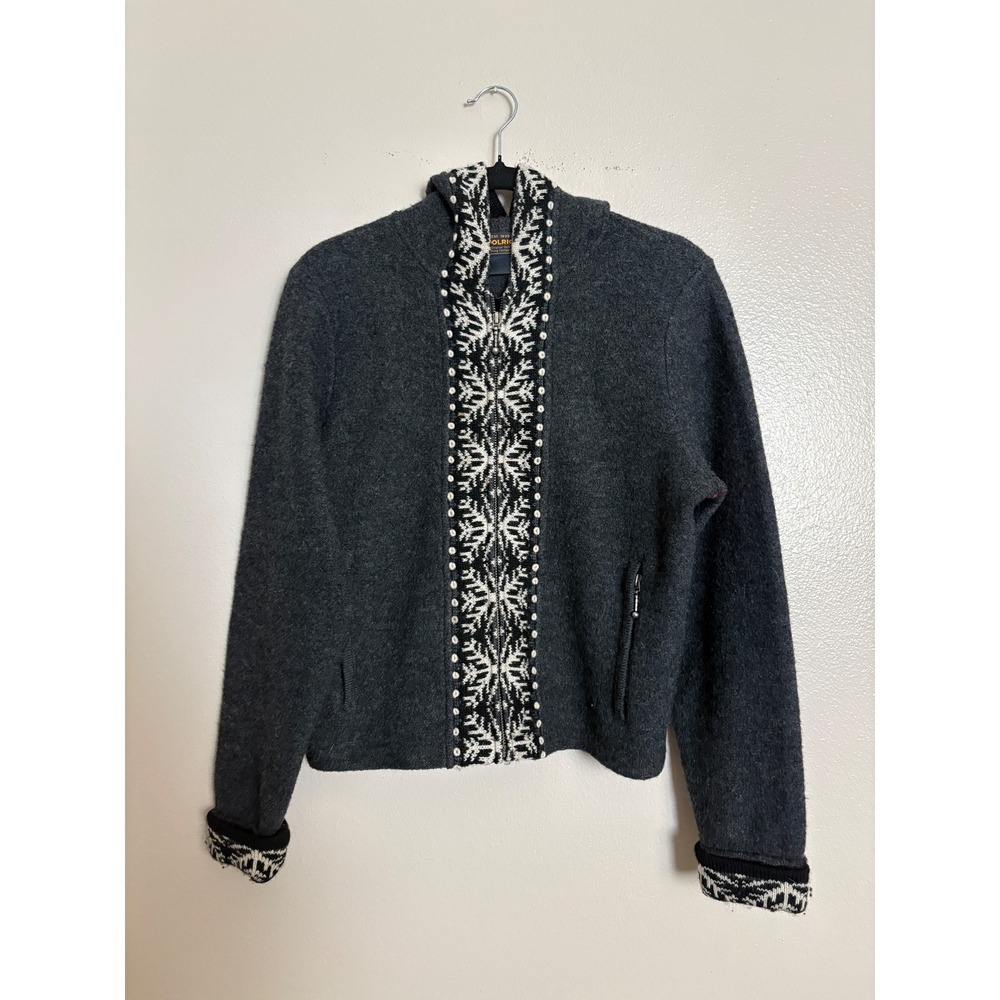 Woolrich Women's Charcoal Grey 100% Wool Full Zip Snowflake Hooded Sweater S